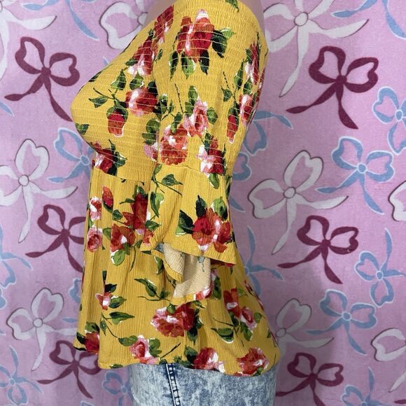 ambiance size small mustard gold yellow off shoulder floral print summer blouse - Picture 5 of 8